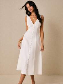 Poéselle 女士连衣裙 亚麻白色连衣裙 长款连衣裙 后腰系带 女士纯色 V 领单排扣无袖休闲长裙 夏季女士连衣裙 夏季连衣裙 太阳裙 波西米亚风夏装 夏季女装 Y2k 乡村音乐会服装 节日服装 商务休闲女装 - 白色 - 查看 5