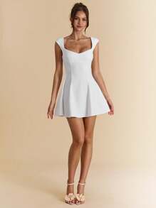 SHEIN BAE 女士白色方领露背泡泡袖连衣裙，优雅夏装，约会晚礼服，伴娘迷你连衣裙，优雅小黑裙，春夏 - 白色 - 查看 7