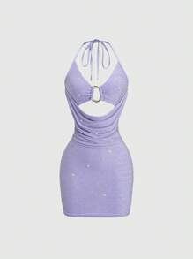 Sweetra 女士新款时尚性感派对俱乐部连衣裙，闪亮紫色金属面料，无袖圆领前褶饰迷你连衣裙，带金属装饰，适合春夏音乐节和舞会 - 紫色 - 查看 1