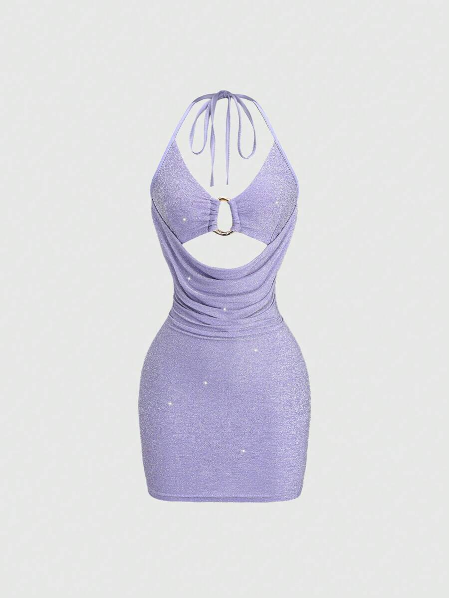 Sweetra 女士新款时尚性感派对俱乐部连衣裙，闪亮紫色金属面料，无袖圆领前褶饰迷你连衣裙，带金属装饰，适合春夏音乐节和舞会 - 紫色 - 查看 1