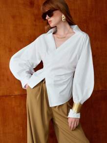 EMERY ROSE Women's Cotton Shirt Solid Color Waist Long Sleeve Blouse, Fashionable For Summer, Solid Color Cinching Waist Button Down Collared Long Sleeve Shirt, Casual Solid Color Drop Shoulder Loose Blouse,Draping Blouse,Lantern Sleeve Cotton Shirt,Summer Tops,Long Sleeve Top,Festival,Country Concert,Bohemia,Boho - White - View 2