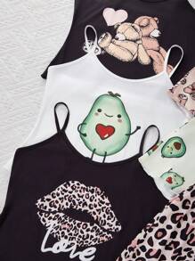 少女可爱图案印花吊带背心和短裤睡衣套装，夏季 - 彩色 - 查看 6