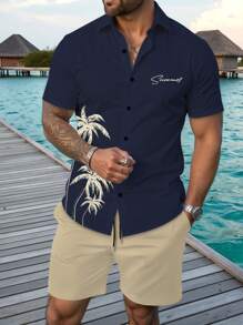 Manfinity RSRT Conjunto casual de talla grande para hombre con camisa de manga corta y pantalones cortos con estampado de palmeras, conjunto cómodo