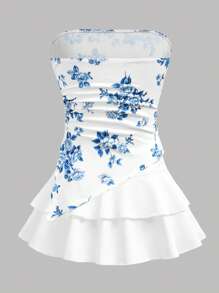 Girlism مجموعة بقطعتين للمراهقات تشمل: توب بخصر قصير مزين بطبعة زهور زرقاء وبيضاء مع كشكشة على الهيم غير متماثل، تنورة ميني متعددة الطبقات