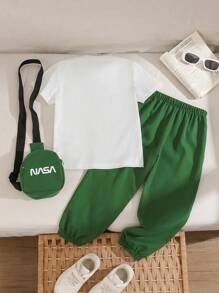 SHEIN 3pcs Set Young Boy Graphics Knit T-Shirt And Shorts With Bag - Multicolor - View 2