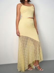 SHEIN Tall CURVE Plus Spring/Summer Vacation/Wedding Season Asymmetrical Lace Vest With Sheer Hem And Low Waist Fish Tail Ruffled Skirt 2 Pieces Set - Apricot - View 5