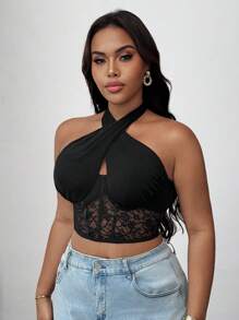 SHEIN Unity Đồ lót ren hở lưng chéo cỡ lớn cho nữ, đồ liền thân gợi cảm và thanh lịch để mặc hàng ngày, ngày lễ tình nhân - màu đen - Xem 4