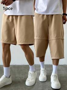 Manfinity Hypemode Men's Loose Solid Color 7 Inch Shorts, Can Be Detached To Bermuda Shorts, Summer - Khaki - View 1