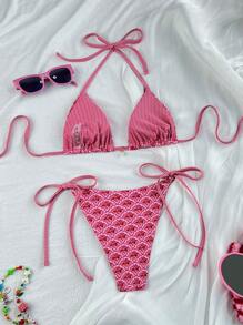 Swim Mod Set de bikini de 2 piezas con estampado floral disperso y ataduras laterales, para vacaciones en la playa