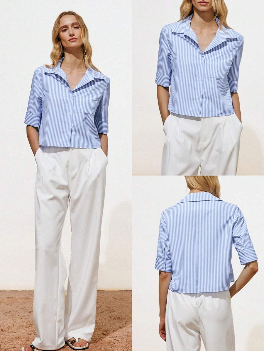 Lumivelle Blue And White Vertical Striped Loose Short Sleeve Button Up Cardigan With Pockets