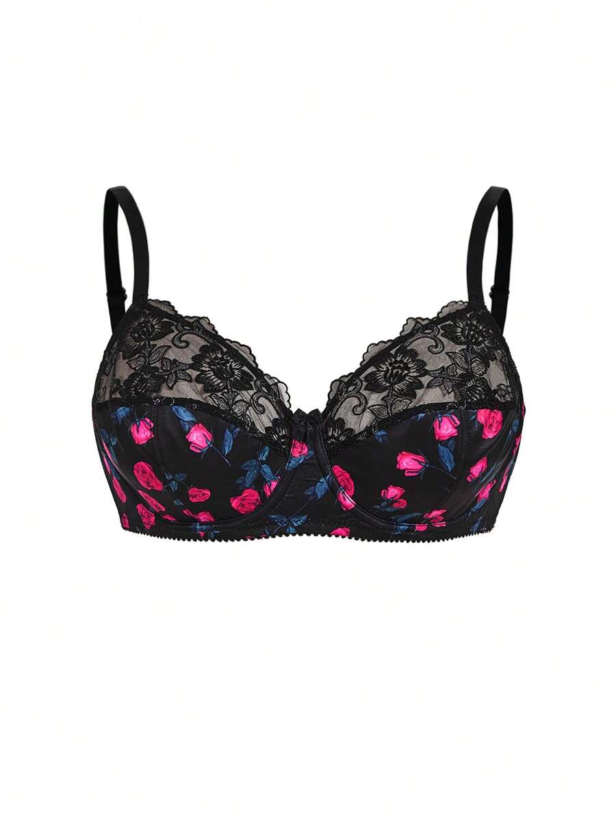 SHEIN 1件黑色刺绣印花面料柔软无衬垫文胸
