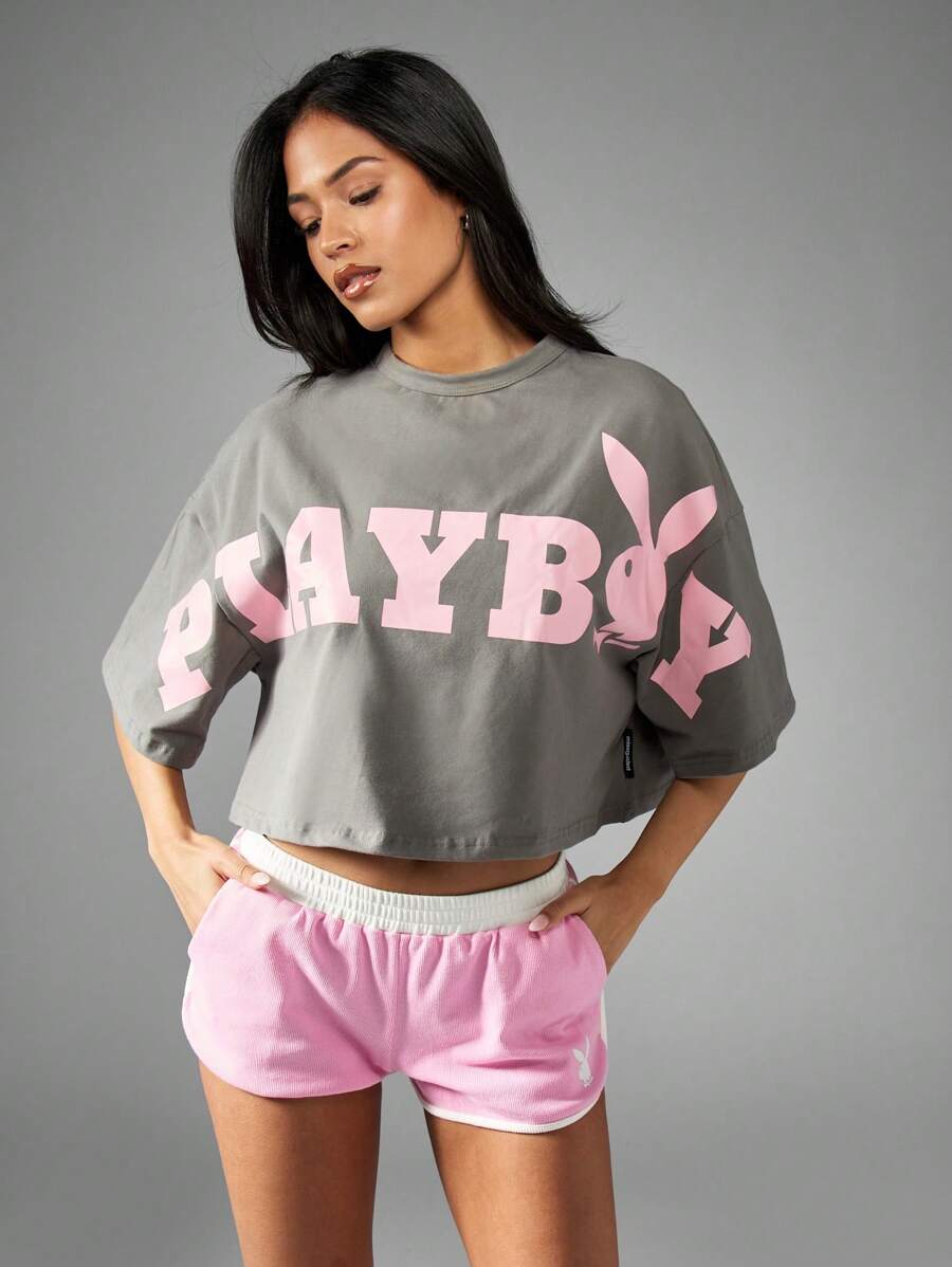 Missguided x Playboy 超大短款 T 恤都市街头运动休闲家居服复古标志短袖棉混纺休闲夏季春季时尚个性上衣 - 深灰色 - 查看 1