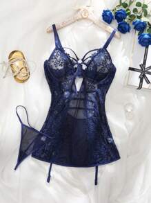 SHEIN 2pcs Plus Size Sexy Lace Contrast Mesh Underwire Lingerie Dress With Thong