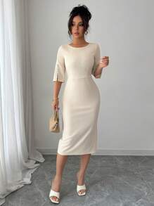 Selianne 女士圆领珍珠装饰腰带优雅浪漫连衣裙 - 杏色 - 查看 6