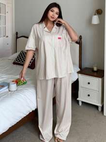 Dazy Plus Patchwork Striped Lapel Sleepwear Set, Includes Shirt & Pants - Green - View 5