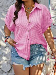 Calvaya Plus Size Random Print Front Button Casual Short Sleeve Shirt, Summer - Hot Pink - View 1
