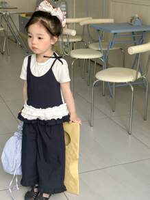 DAZY Young Girls Casual Round Neck 2 In 1 Ruffle Hem T-Shirt, Young Girls Summer Outfits - White - View 3