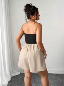 Elenzga Elegant Summer Vacation Sleeveless Strapless Romper In Black & Khaki, Plus Size