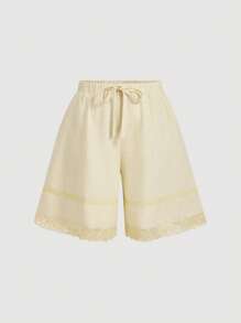 SHEIN MOD Shorts plus size listrados em damasco, estilo retrô boêmio romântico, com detalhes em renda e pernas largas, perfeitos para férias na praia. - Damasco - Ver 1