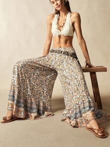 Bohemela Bohemian Style Woven Printed High Waist Flare Wide Leg Pants, Suitable For Countryside Holiday