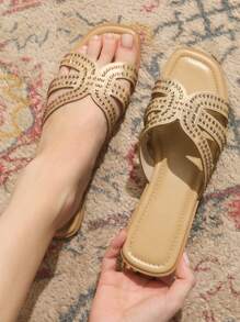 CUCCOO TILAWA Women's Fashion Square Toe 2 Straps Buckle Weaved Flat Sandals - Apricot - View 1