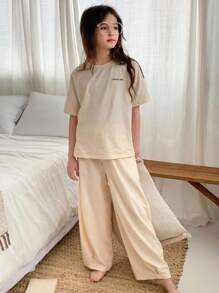 DAZY Tween Girl Short Sleeve Letter Print Knit Top And Pants Homewear Set, Spring/Summer,Back To School Clothes - Apricot - View 3