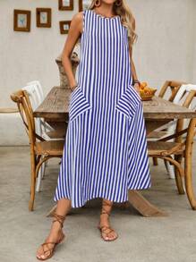 Omancia Robe longue fendue à poches avec nœuds en bambou rayés sans manches, style casual pour femmes, Printemps/Été - Bleu azur - Voir 3