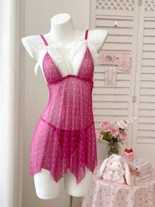 SHEIN 2pcs/Set Women Sexy Bowknot Net Yarn Pearl Slip Dress + G-String Panty - Hot Pink - View 4