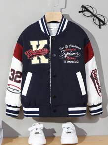 SHEIN Young Boy Letter Graphic Colorblock Teddy Lined Varsity Jacket - Multicolor - View 3