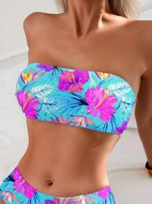 Swim Lushoire 女款隨機花卉印花抹胸式泳衣上衣，適合海灘度假、夏季 - 彩色 - 查看 5