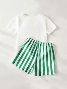 Cozy Pixies Conjunto de 2 piezas de top de manga corta con cuello redondo y pantalones cortos con cintura elástica a rayas para niño bebé, con estampado de oso de dibujos animados