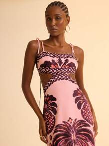 CAJUNI Women Boho Banana Tree And Pineapple Print, Hollow Waist Back Binding Sleeveless Pink Dress, Holiday Casual Summer Dress - Pink - View 5