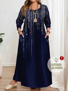 EMERY ROSE Đầm cổ tròn tay dài in hình ngôi sao lấp lánh cỡ lớn, phù hợp cho mùa xuân và mùa thu - Nhiều màu - Xem 1