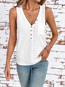 SHEIN Clasi Camicia senza maniche con scollo a V e bottoni anteriori, con stampa jacquard, ideale per le vacanze