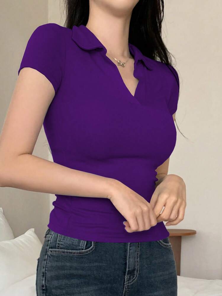 Women's Casual Solid Color Tight-Fit Polo Neck T-Shirt, Summer,Business Casual Women