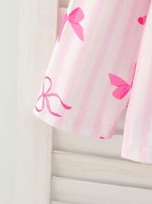 Young Girl Pajamas Set: Pink Bow Collar Long Sleeve Top & Pants Casual Comfortable 2 Pieces Loungewear, Mommy And Me Matching Outfits (Sold Separately In Sets Of 3) - Pink - View 6