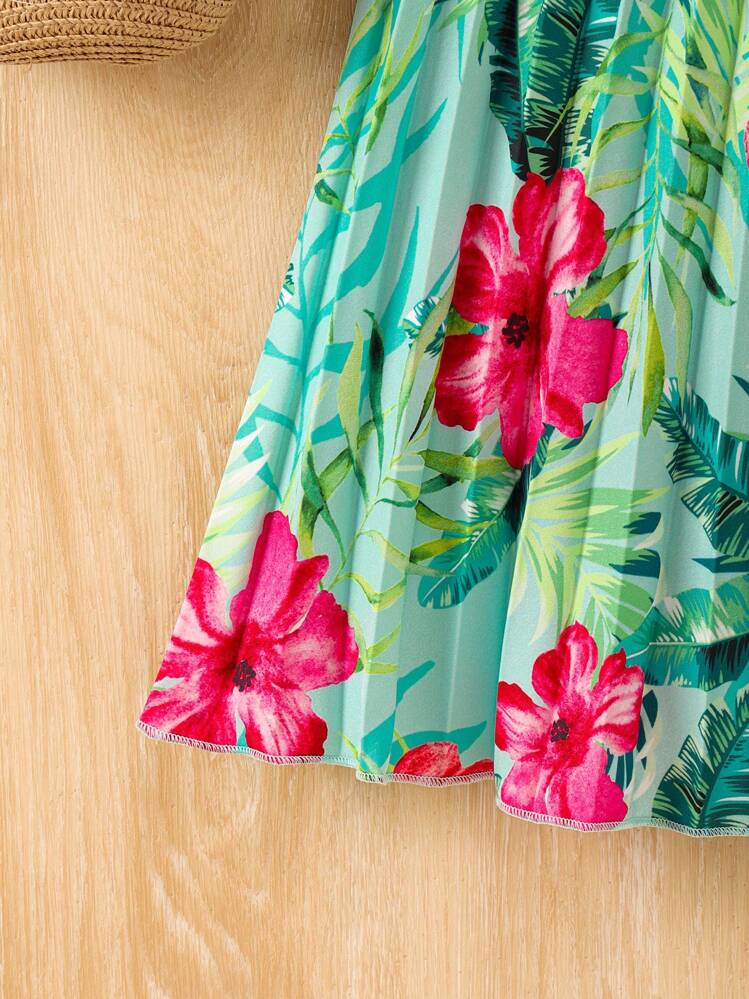 SHEIN Young Girls' Casual Tropical Floral Print Sleeveless Dress, New Spring/Summer Collection Girl Dress Tropical Summer Holiday - Green - View 4