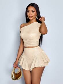 SOLERSUN Women's Off-Shoulder Tops And Asymmetric Skirt Suits Valentine's Day Casual Outing Party New Year's Eve Spring And Summer Graduation Ceremony St. Patrick's Day Green Elegant Sexy Girl Hem Skirt Green Textured Clothing Two Pieces Party Gathering Club Music Festival Afternoon Tea Spring And Summer Women's Clothing Halloween Festivals - Apricot - View 7