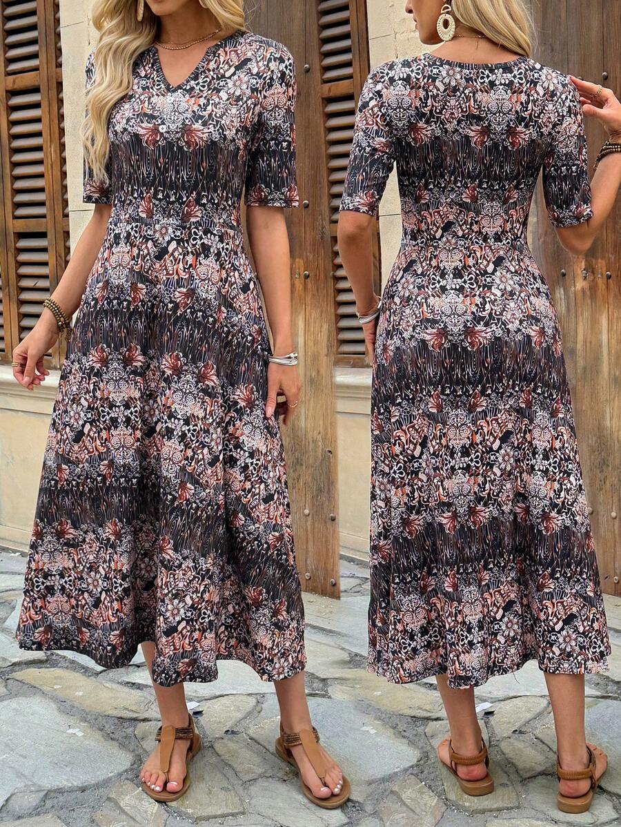 EMERY ROSE Vestido de línea A de longitud media con cuello en V y estampado floral diminuto, estilizador, de estilo veraniego - Vestido elegante ajustado y estampado floral diminuto al estilo francés - Vestido floral diminuto vintage - Vestido casual