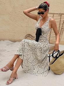 SHEIN Frenchy Women's Floral Print Bow Decor V-Neck Sleeveless Mid-Length Dress Summer Casual - Multicolor - View 5