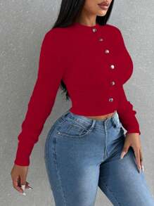 Chaqueta casual de mujer de un solo botonadura, de manga larga y hombros caídos, de unicolor - Rojo - Ver 5