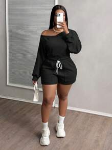 Slaydiva Plus Size V-Neck 2-In-1 Crop Shorts With Pockets, Blue Casual 2 Pieces Set - Black - View 1