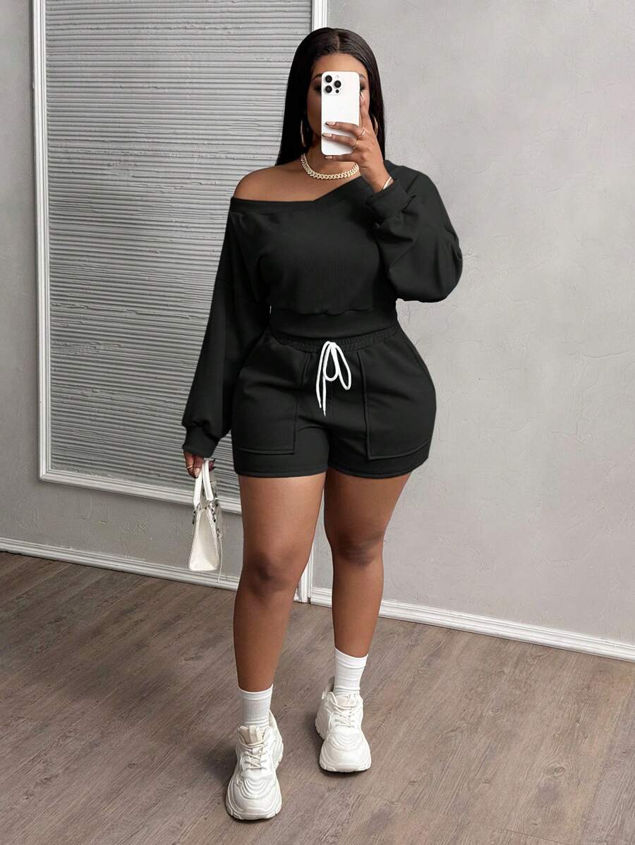 Slaydiva Plus Size V-Neck 2-In-1 Crop Shorts With Pockets, Blue Casual 2 Pieces Set - Black - View 1