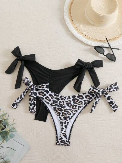 SHEIN Swim Curve 2pcs/Set Plus Size Women Black & Leopard Print Ruffled Tie-Side Bikini Bottom, Summer Beach Swimsuit