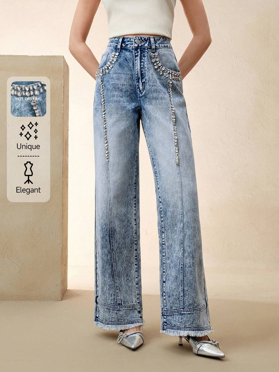 Anewsta 女士镶钻宽松修身直筒牛仔裤 - 藍色 - 查看 1