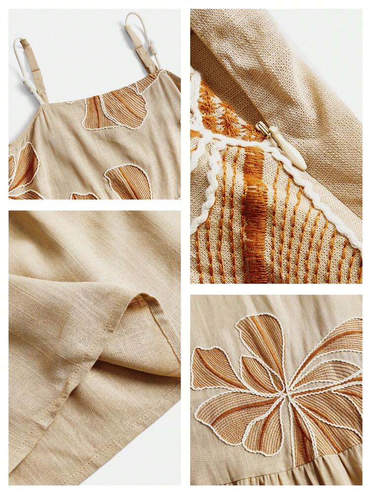 Summer, Elegant Women's Retro-Style Vacation Floral Embroidery Linen Dress
