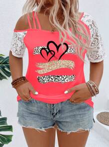SHEIN VCAY CURVE Áo thun thường ngày họa tiết da báo và trái tim cổ tròn ren cỡ lớn tay ngắn, mùa xuân và mùa hè - Đỏ - Xem 6