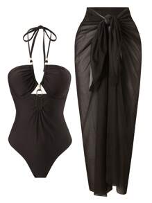 SHEIN 2pcs Women's Plain Color Sexy Front Cross Hollow Out Strap Sets, Summer