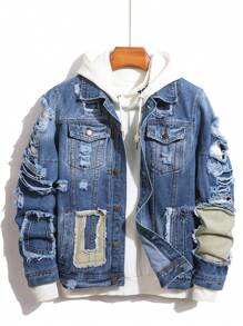 Manfinity Homme 男士破洞单排扣休闲牛仔夹克，秋季款 - 藍色 - 查看 1