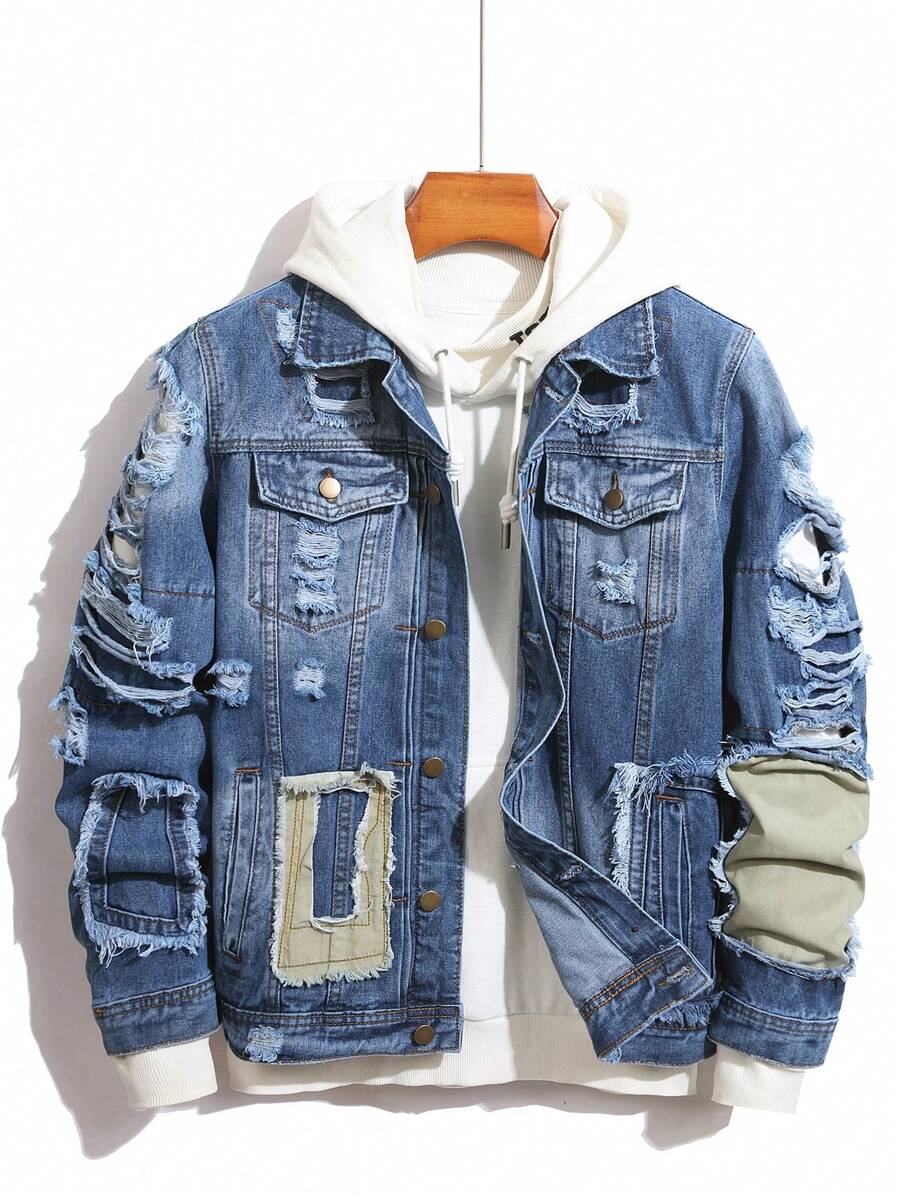 Manfinity Homme 男士破洞单排扣休闲牛仔夹克，秋季款 - 藍色 - 查看 1